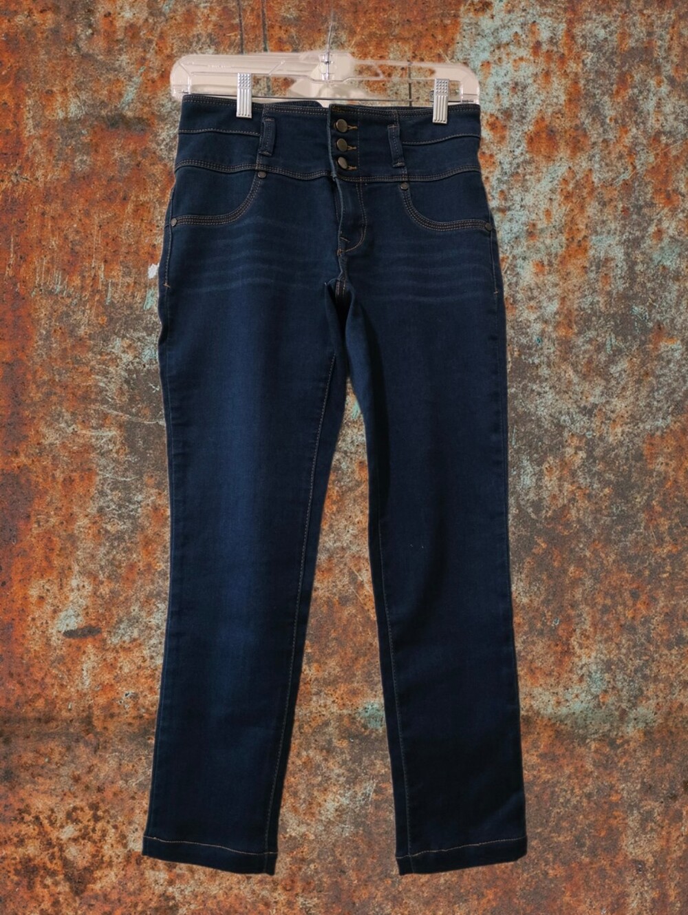 1822 Denim Dark Blue High-Rise Button-Fly Jeans with Contrast Stitching